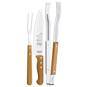 Kit para Churrasco com Faca, Garfo e Pegador Tramontina Dynamic Madeira Natural