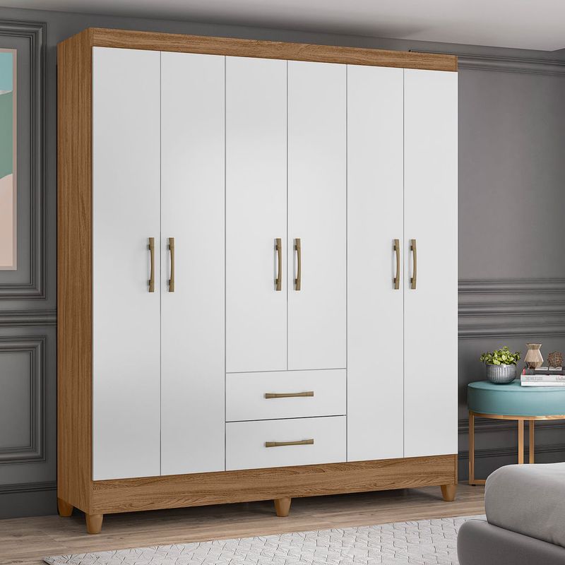 Guarda-Roupa-Moval-Panama-Casal-6-Portas-de-bater-com-2-Gavetas-Naturale-branco