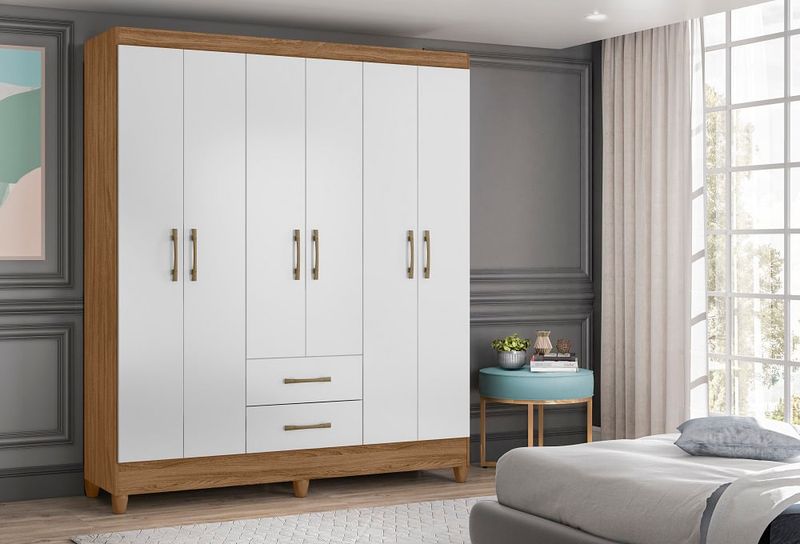 Guarda-Roupa-Moval-Panama-Casal-6-Portas-de-bater-com-2-Gavetas-Naturale-branco