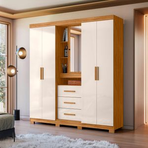 Guarda-Roupa com 5 Portas, 3 Gavetas e com Espelho Moval Eldorado Freijó e Off White