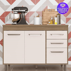 Balcão de Cozinha com Tampo, 3 Portas e 2 Gavetas Poliman Barcelona Carvalho Oak e Off White