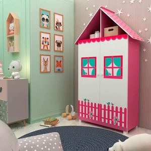 Guarda-Roupa Infantil com 2 Portas e 2 Gavetas Gelius Casinha Rosa e Branco Acetinado