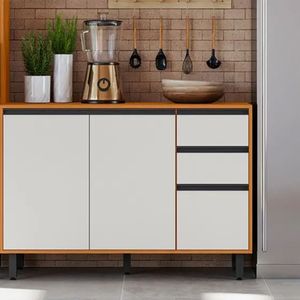 Balcão de Cozinha com Tampo, 2 portas e 3 Gavetas Poliman Ravena Freijó/Off White Acetinado