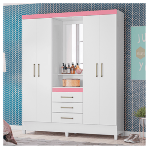 Guarda-Roupa Capelinha com 4 Portas, 3 Gavetas e com Espelho Demobile Persia Branco e Rosa