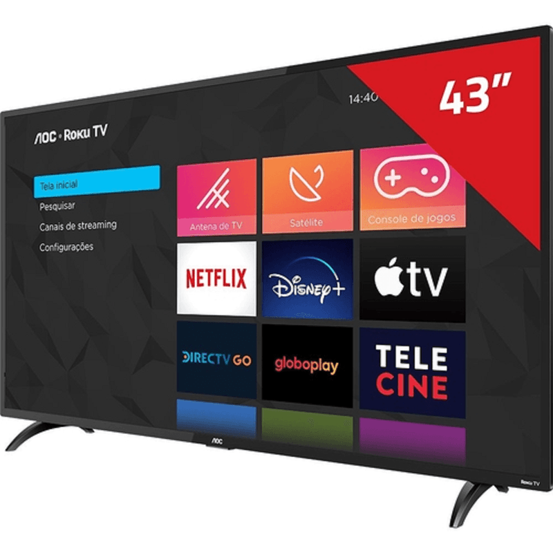 SmartTVAOCRokuLED43polegadascomWiFiFullHD3HDMI1USBcomControleRemotoPreta