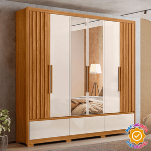 Guarda-Roupa com 6 Portas e 5 Gavetas e com Espelho Moval Amazonas Freijó e Off White