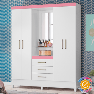 Guarda-Roupa Capelinha com 4 Portas, 3 Gavetas e com Espelho Demobile Persia Branco e Rosa