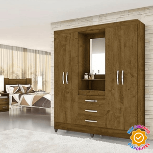 Guarda-Roupa Capelinha com 4 Portas, 3 Gavetas e com Espelho Moval Capri Castanho Wood
