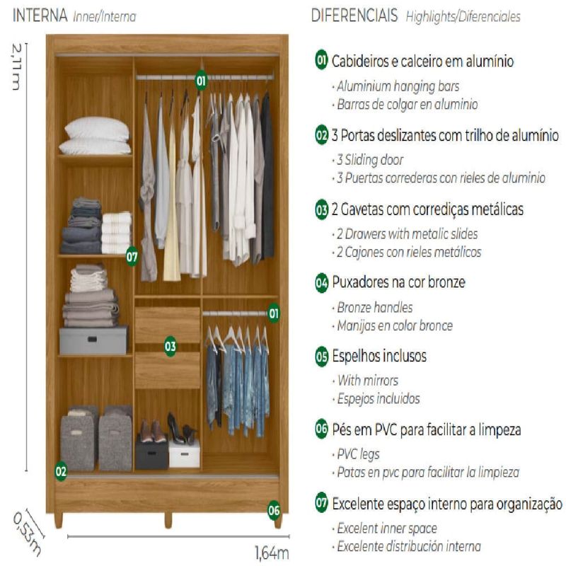 RoupeiroMovalBolivia3Portas2GavetascomEspelhoOffWhite