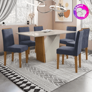 Mesa de Jantar Retangular New Ceval Veneza Ype e Off White  com 6 Cadeiras Ana