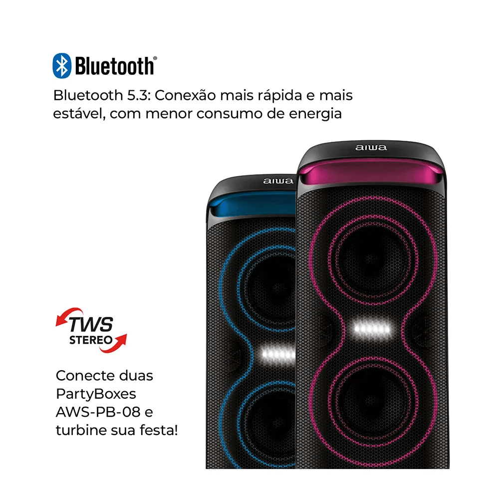 Caixa Amplificada AIWA Party Box PB08 160W RGB Preto AWS-PB-08 - Tvlar