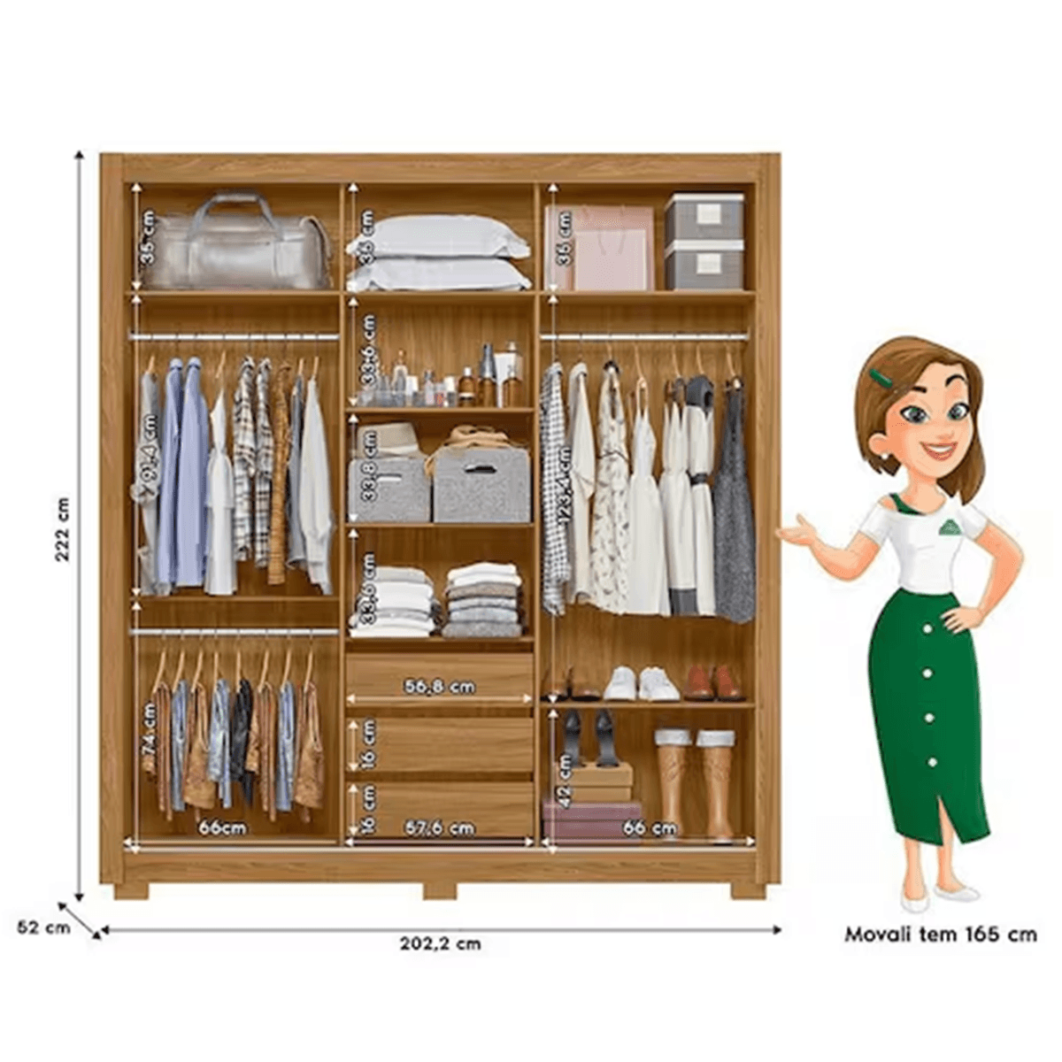 Guarda-Roupa com 3 Portas e com Espelho Moval Canadá Freijó e Off