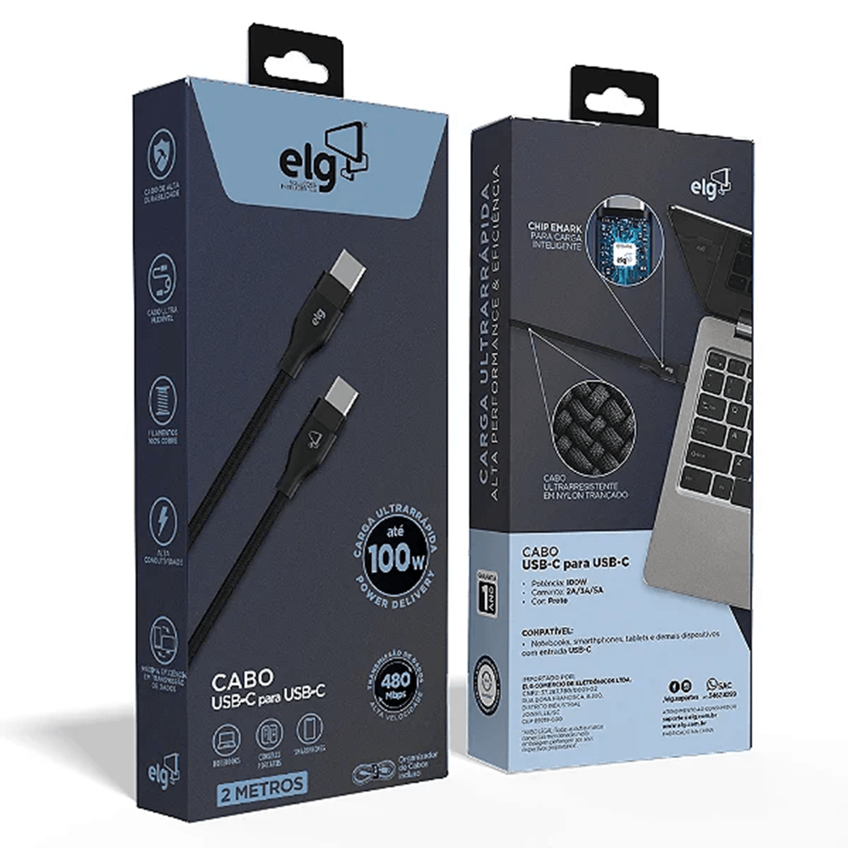Cabo USB-C para USB-C ELG TC240 1m 240W Preto - Tvlar
